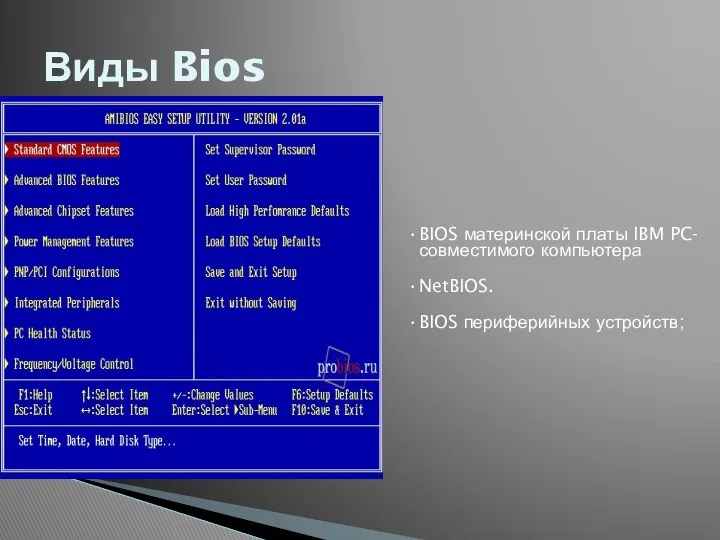 BIOS материнской платы IBM PC-совместимого компьютера NetBIOS. BIOS периферийных устройств; Виды Bios