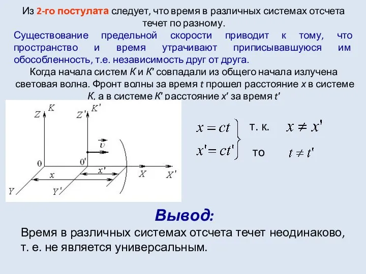 Из 2-го постулата следует, что время в различных системах отсчета течет