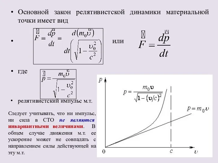 Основной закон релятивистской динамики материальной точки имеет вид или где релятивистский