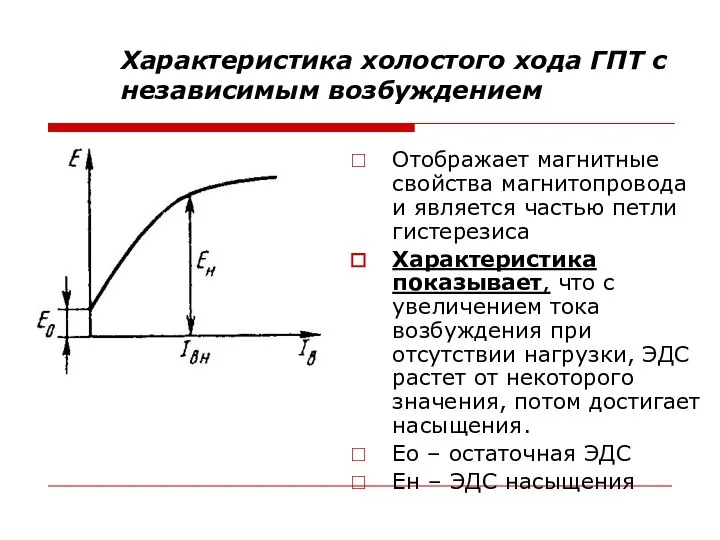 Характеристика холостого хода ГПТ с независимым возбуждением Отображает магнитные свойства магнитопровода