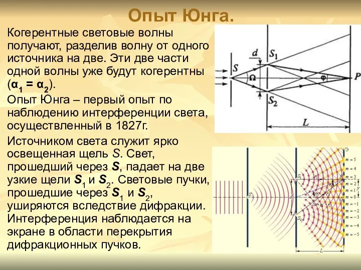 Опыт Юнга. Когерентные световые волны получают, разделив волну от одного источника