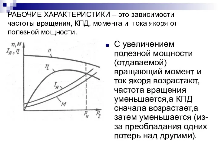 РАБОЧИЕ ХАРАКТЕРИСТИКИ – это зависимости частоты вращения, КПД, момента и тока