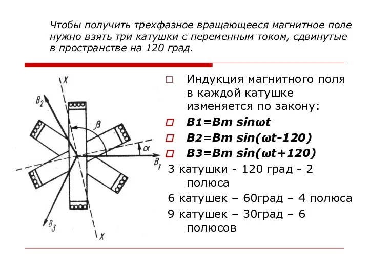 Чтобы получить трехфазное вращающееся магнитное поле нужно взять три катушки с