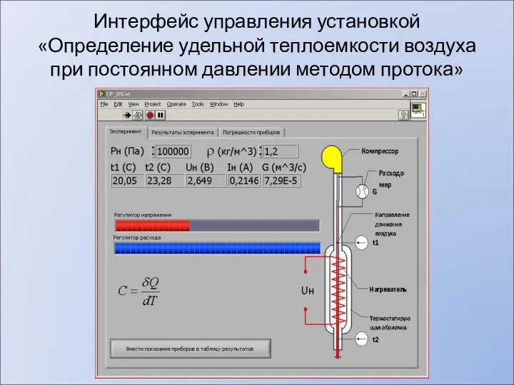 Интерфейс управления установкой «Определение удельной теплоемкости воздуха при постоянном давлении методом протока»