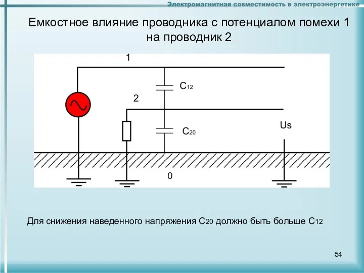 Для снижения наведенного напряжения С20 должно быть больше С12 Емкостное влияние