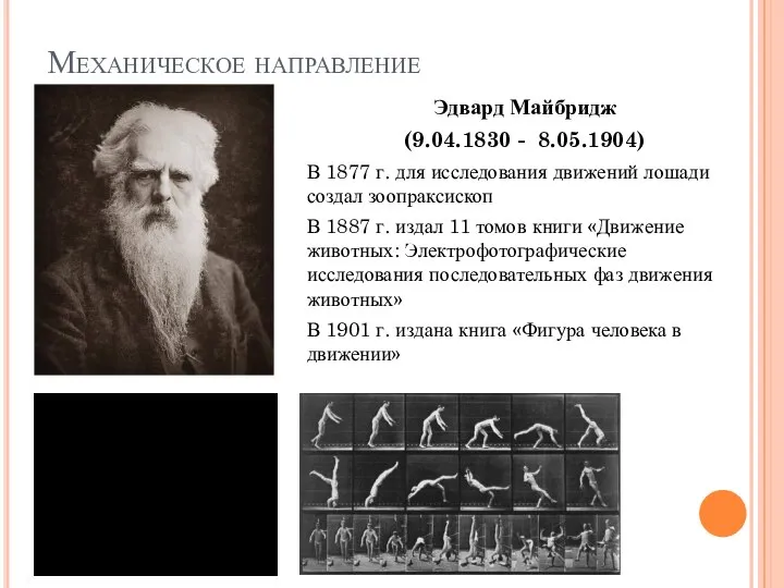 Механическое направление Эдвард Майбридж (9.04.1830 - 8.05.1904) В 1877 г. для