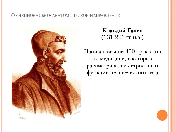 Функционально-анатомическое направление Клавдий Гален (131-201 гг.н.э.) Написал свыше 400 трактатов по