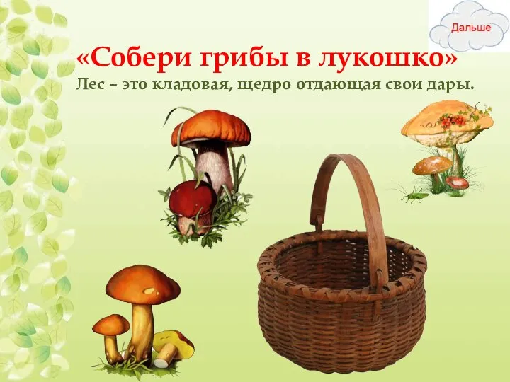 «Собери грибы в лукошко» Лес – это кладовая, щедро отдающая свои дары.
