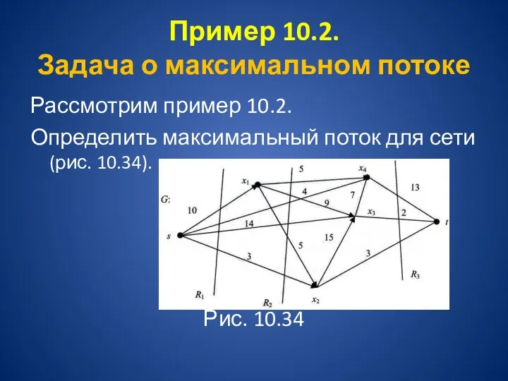 Пример 10.2. Задача о максимальном потоке Рассмотрим пример 10.2. Определить максимальный