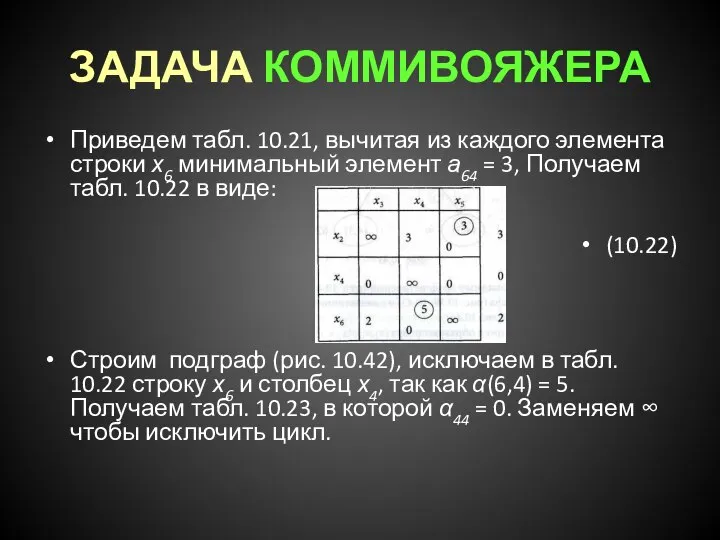 ЗАДАЧА КОММИВОЯЖЕРА Приведем табл. 10.21, вычитая из каждого элемента строки х6