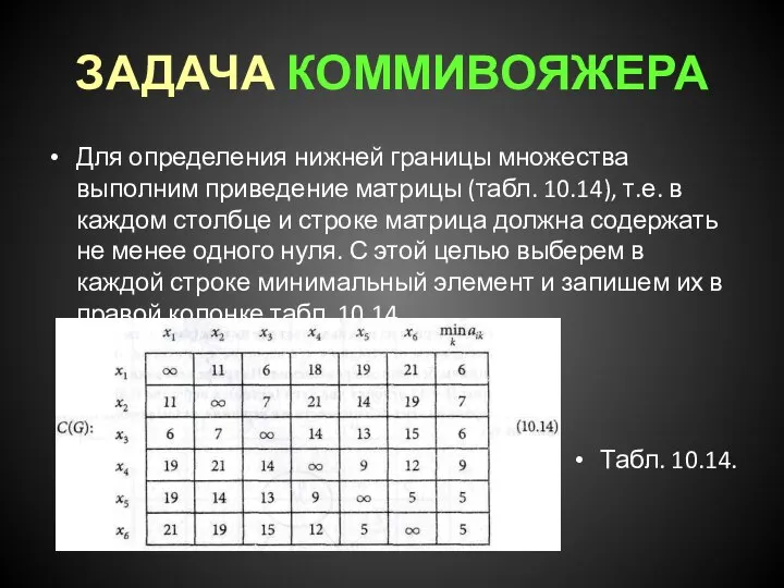 ЗАДАЧА КОММИВОЯЖЕРА Для определения нижней границы множества выполним приведение матрицы (табл.