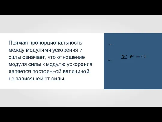 Прямая пропорциональность между модулями ускорения и силы означает, что отношение модуля