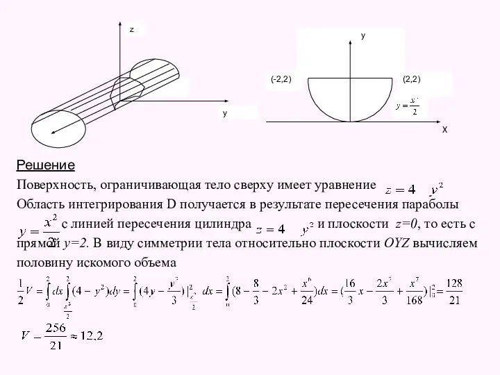 Решение Поверхность, ограничивающая тело сверху имеет уравнение Область интегрирования D получается