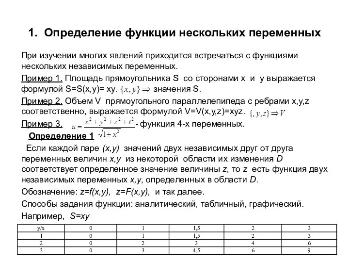 1. Определение функции нескольких переменных При изучении многих явлений приходится встречаться