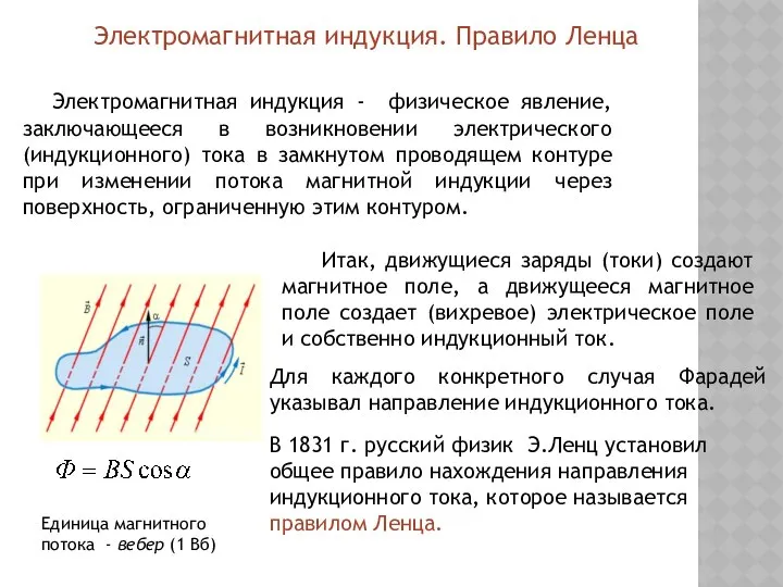 Электромагнитная индукция. Правило Ленца Электромагнитная индукция - физическое явление, заключающееся в