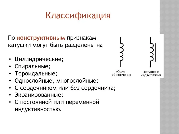 По конструктивным признакам катушки могут быть разделены на Цилиндрические; Спиральные; Тороидальные;