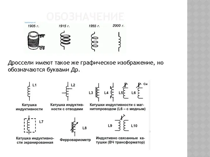 ОБОЗНАЧЕНИЕ Дроссели имеют такое же графическое изображение, но обозначаются буквами Др.