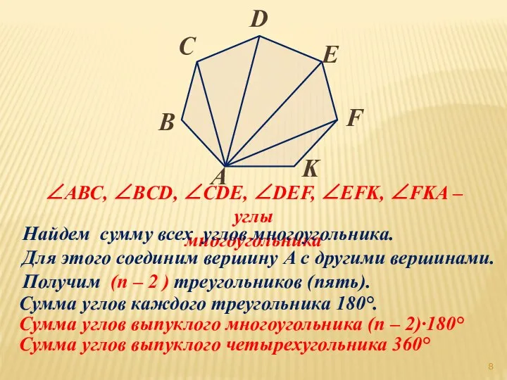 ∠AВС, ∠BCD, ∠CDE, ∠DEF, ∠EFK, ∠FKA – углы многоугольника Найдем сумму