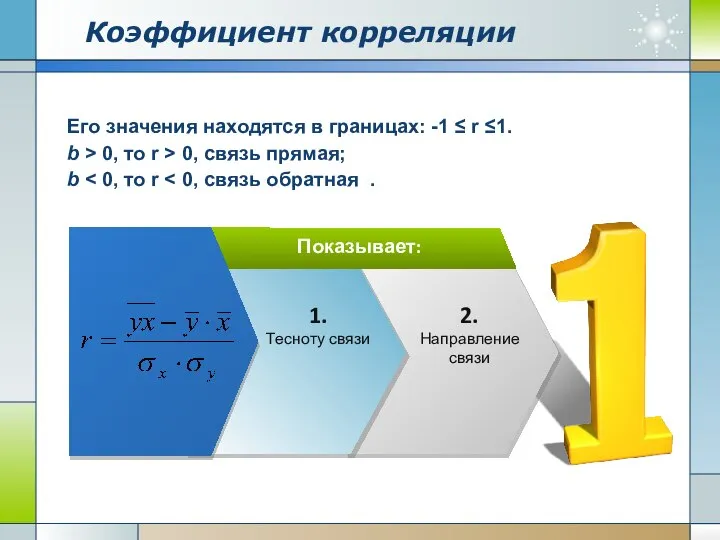 Коэффициент корреляции Показывает: 2. Направление связи Его значения находятся в границах: