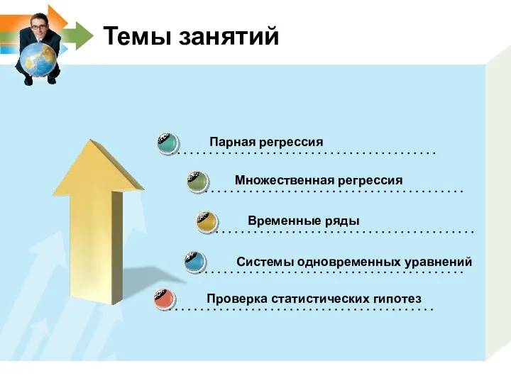 Проверка статистических гипотез Темы занятий Парная регрессия Множественная регрессия Временные ряды Системы одновременных уравнений