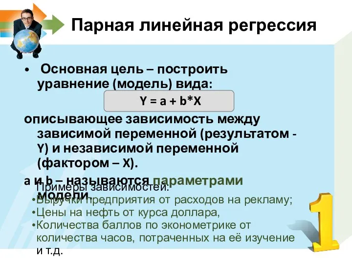 Парная линейная регрессия Основная цель – построить уравнение (модель) вида: описывающее