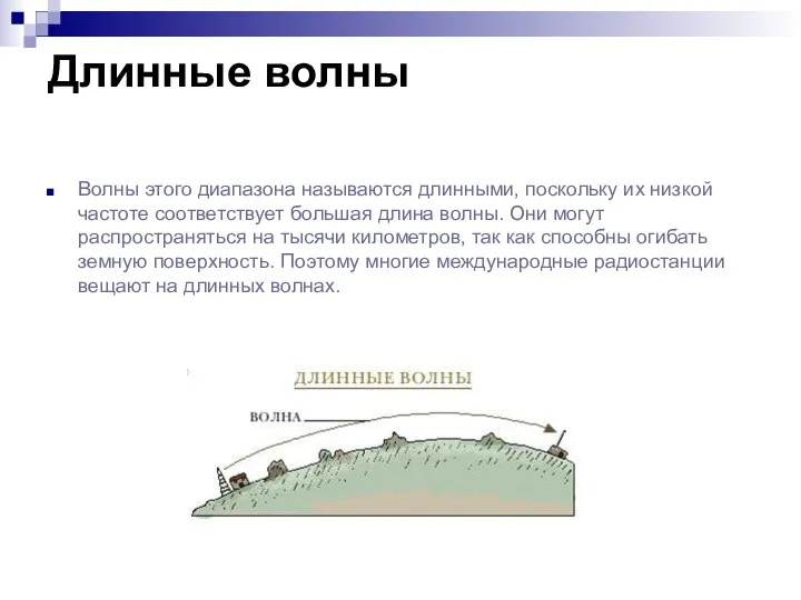 Длинные волны Волны этого диапазона называются длинными, поскольку их низкой частоте