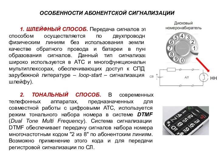 ОСОБЕННОСТИ АБОНЕНТСКОЙ СИГНАЛИЗАЦИИ 1. ШЛЕЙФНЫЙ СПОСОБ. Передача сигналов этим способом осуществляется