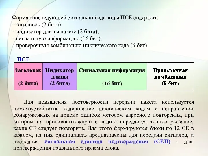 Формат последующей сигнальной единицы ПСЕ содержит: – заголовок (2 бита); –