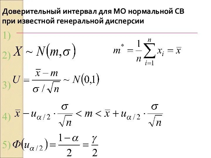 Доверительный интервал для МО нормальной СВ при известной генеральной дисперсии 2) 1) 3) 4) 5)