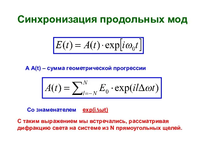 Синхронизация продольных мод А A(t) – сумма геометрической прогрессии Со знаменателем