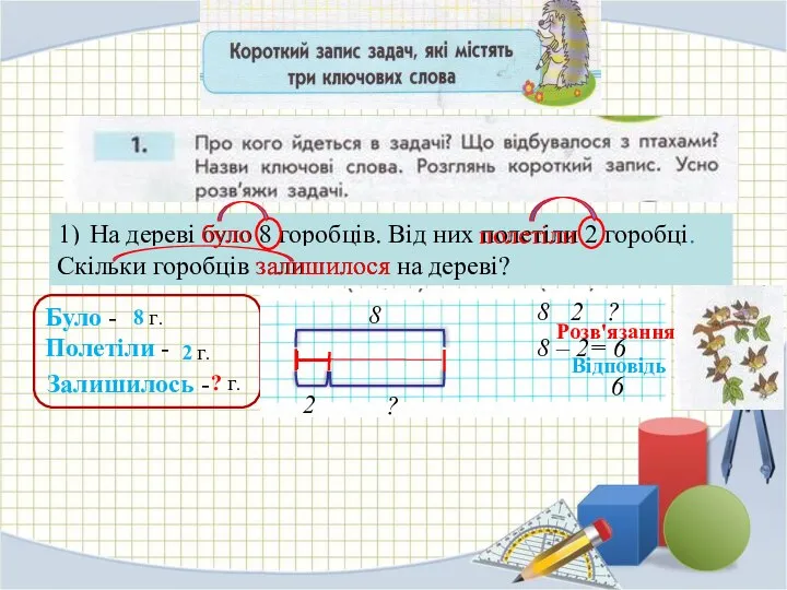 1) На дереві було 8 горобців. Від них полетіли 2 горобці.