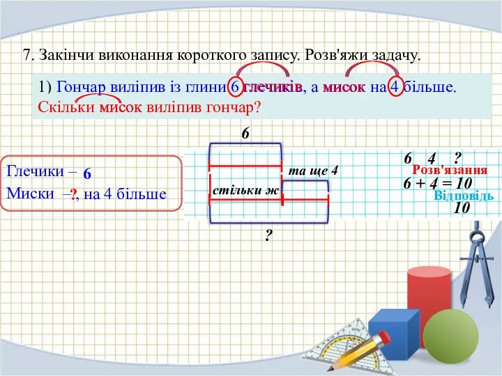 7. Закінчи виконання короткого запису. Розв'яжи задачу. 1) Гончар виліпив із