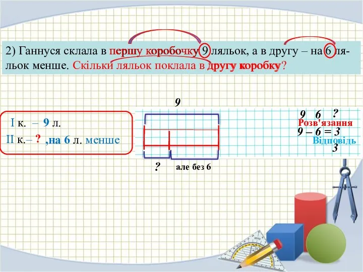 2) Ганнуся склала в першу коробочку 9 ляльок, а в другу