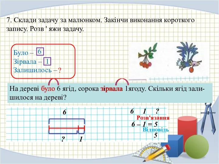 7. Склади задачу за малюнком. Закінчи виконання короткого запису. Розв '