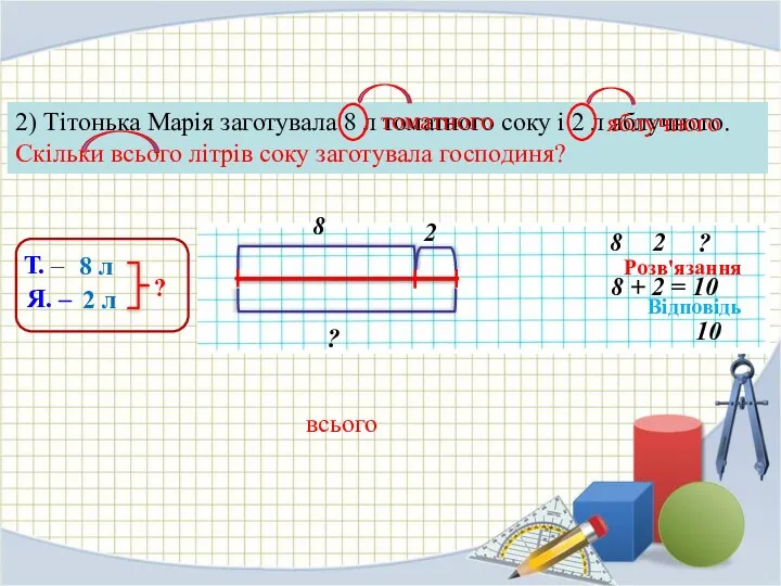 2) Тітонька Марія заготувала 8 л томатного соку і 2 л