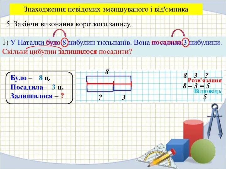 5. Закінчи виконання короткого запису. 1) У Наталки було 8 цибулин