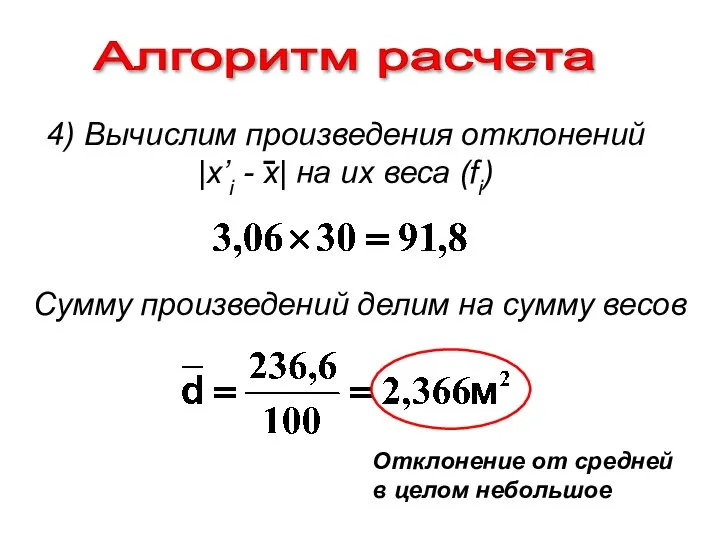 Алгоритм расчета Сумму произведений делим на сумму весов Отклонение от средней в целом небольшое