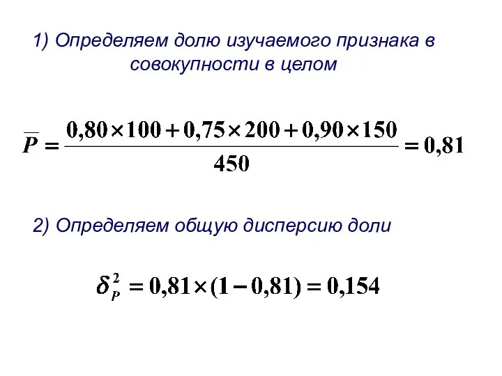 1) Определяем долю изучаемого признака в совокупности в целом 2) Определяем общую дисперсию доли