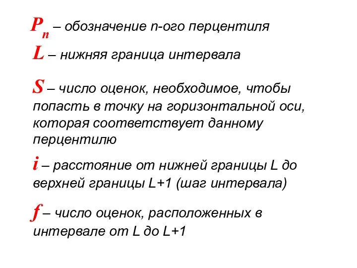 Pn – обозначение n-ого перцентиля L – нижняя граница интервала S