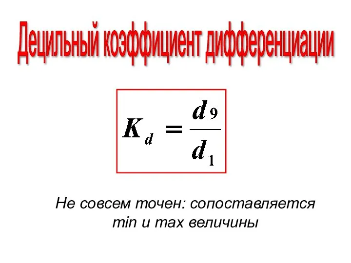 Децильный коэффициент дифференциации Не совсем точен: сопоставляется min и max величины