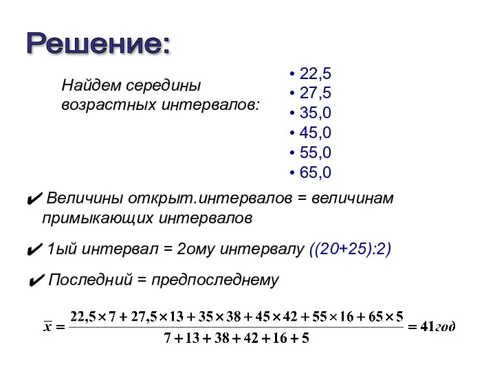 Решение: Найдем середины возрастных интервалов: Величины открыт.интервалов = величинам примыкающих интервалов