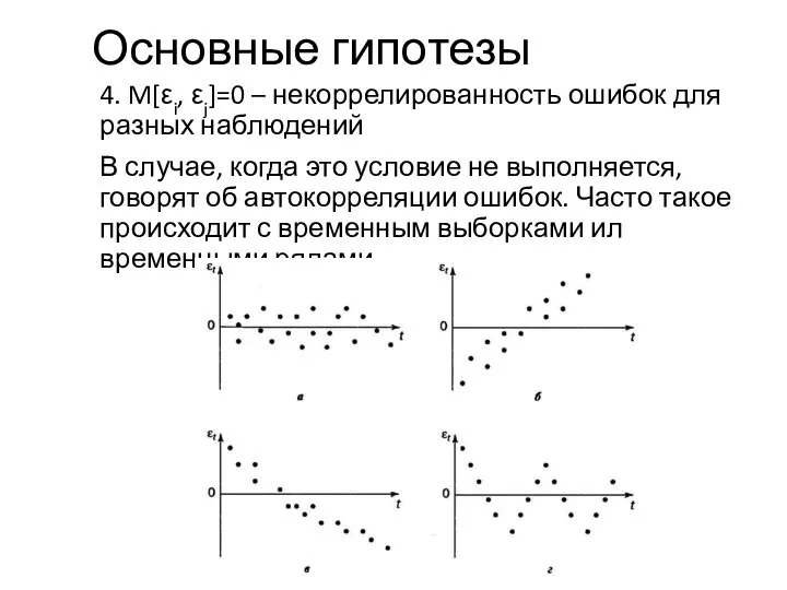 Основные гипотезы 4. M[εi, εj]=0 – некоррелированность ошибок для разных наблюдений