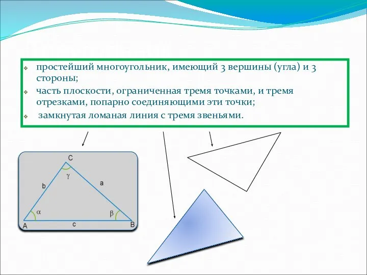 Треугольник простейший многоугольник, имеющий 3 вершины (угла) и 3 стороны; часть