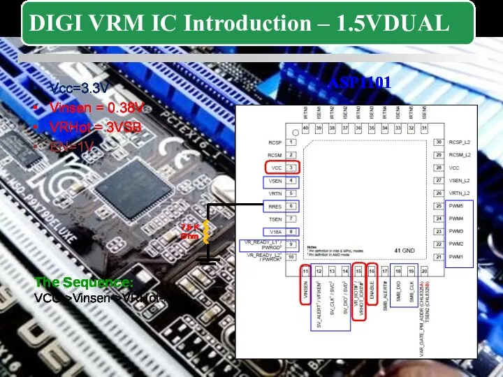 Vcc=3.3V Vinsen = 0.38V VRHot = 3VSB EN=1V The Sequence: VCC->Vinsen->VRHot->EN 7.5 K Ohm ASP1101