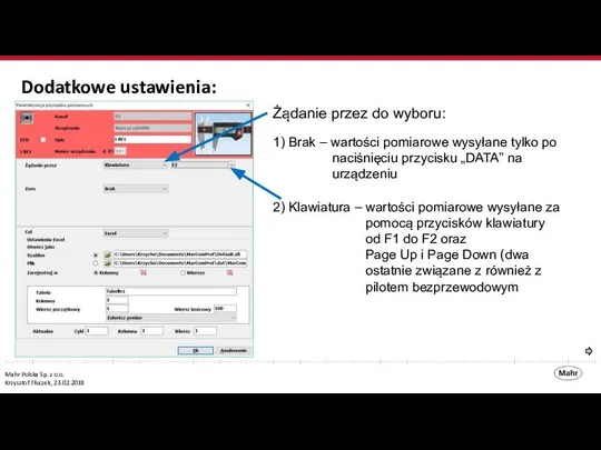 Dodatkowe ustawienia: 1) Brak – wartości pomiarowe wysyłane tylko po naciśnięciu