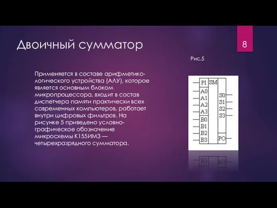 Двоичный сумматор Применяется в составе арифметико-логического устройства (АЛУ), которое является основным