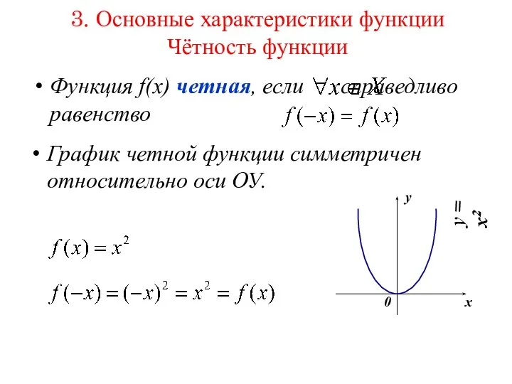 3. Основные характеристики функции Чётность функции Функция f(x) четная, если справедливо