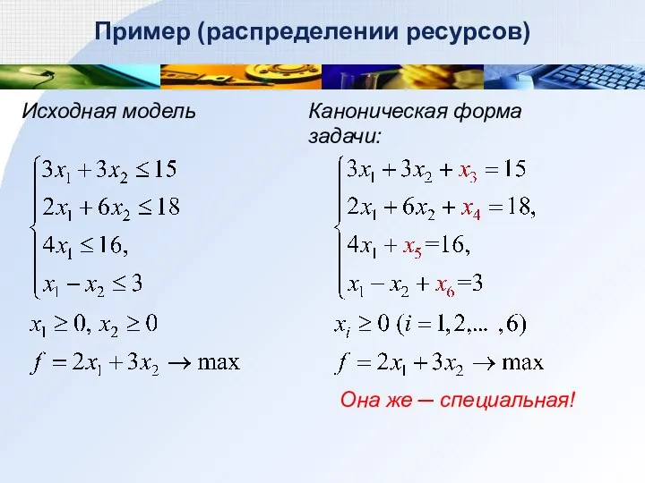 Пример (распределении ресурсов) Каноническая форма задачи: Она же ─ специальная! Исходная модель