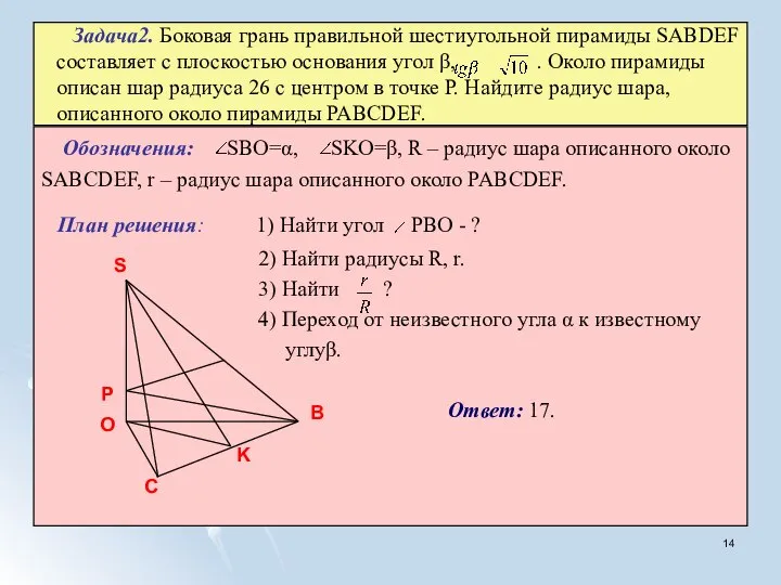 Обозначения: SBO=α, SKO=β, R – радиус шара описанного около SABCDEF, r