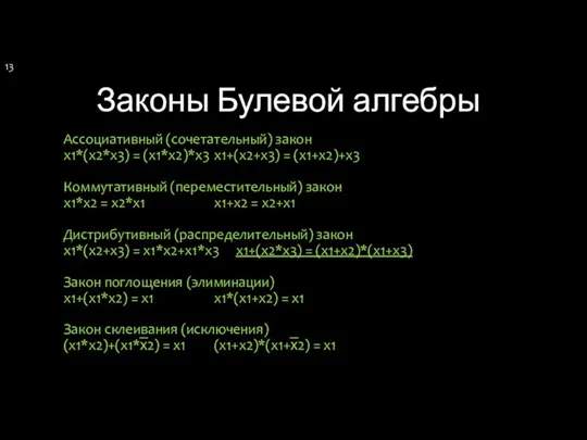 Законы Булевой алгебры Ассоциативный (сочетательный) закон x1*(x2*x3) = (x1*x2)*x3 x1+(x2+x3) =